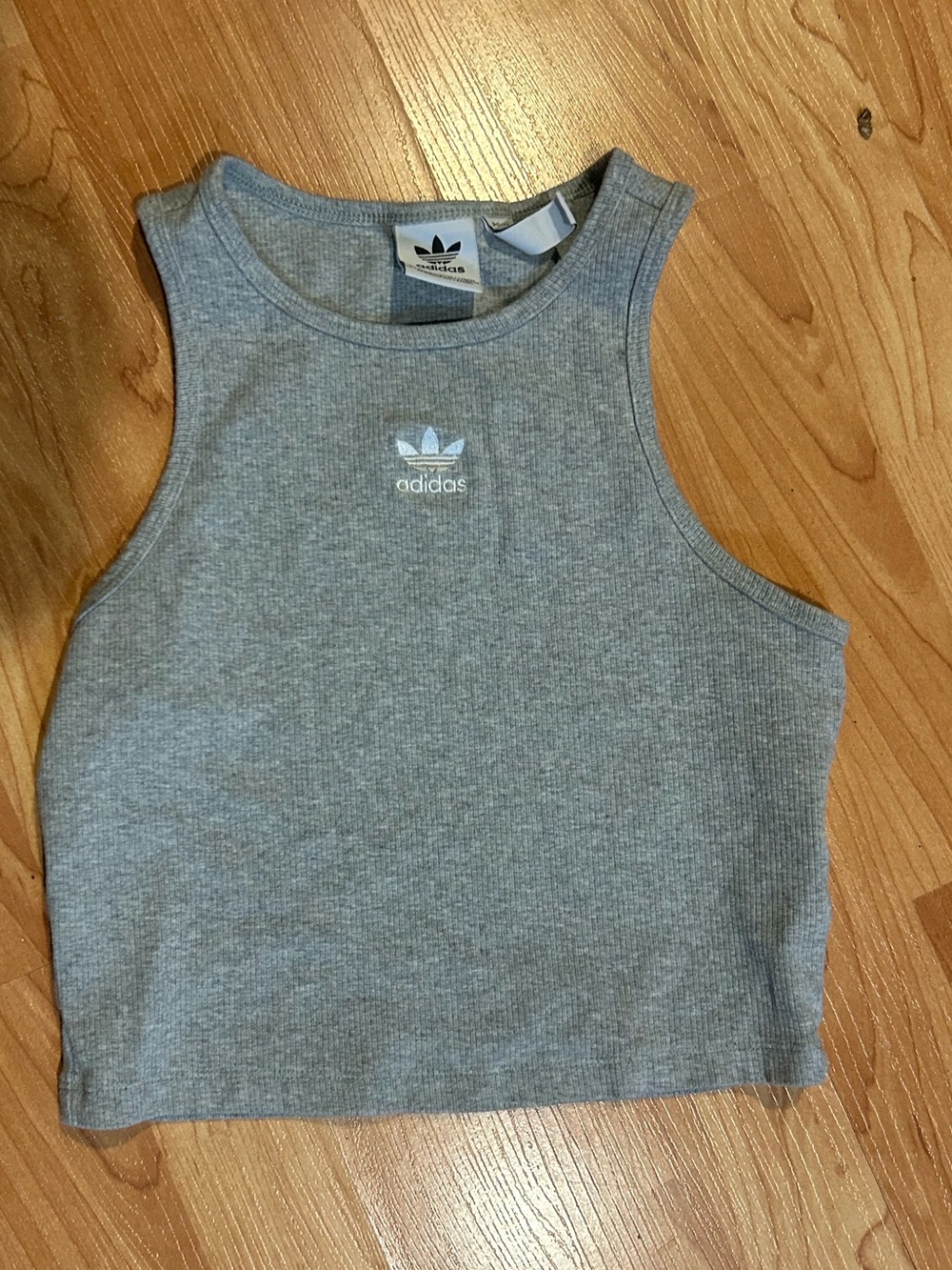 adidas Grey Ribbed Crop Tank Top with Trefoil
